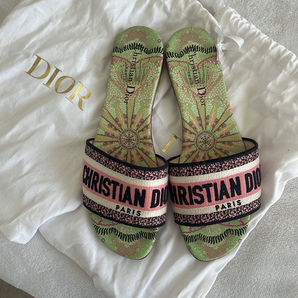 Dior Shoes - Dior Green Printed Slide Sandals with Pink Christian Dior Strap 7